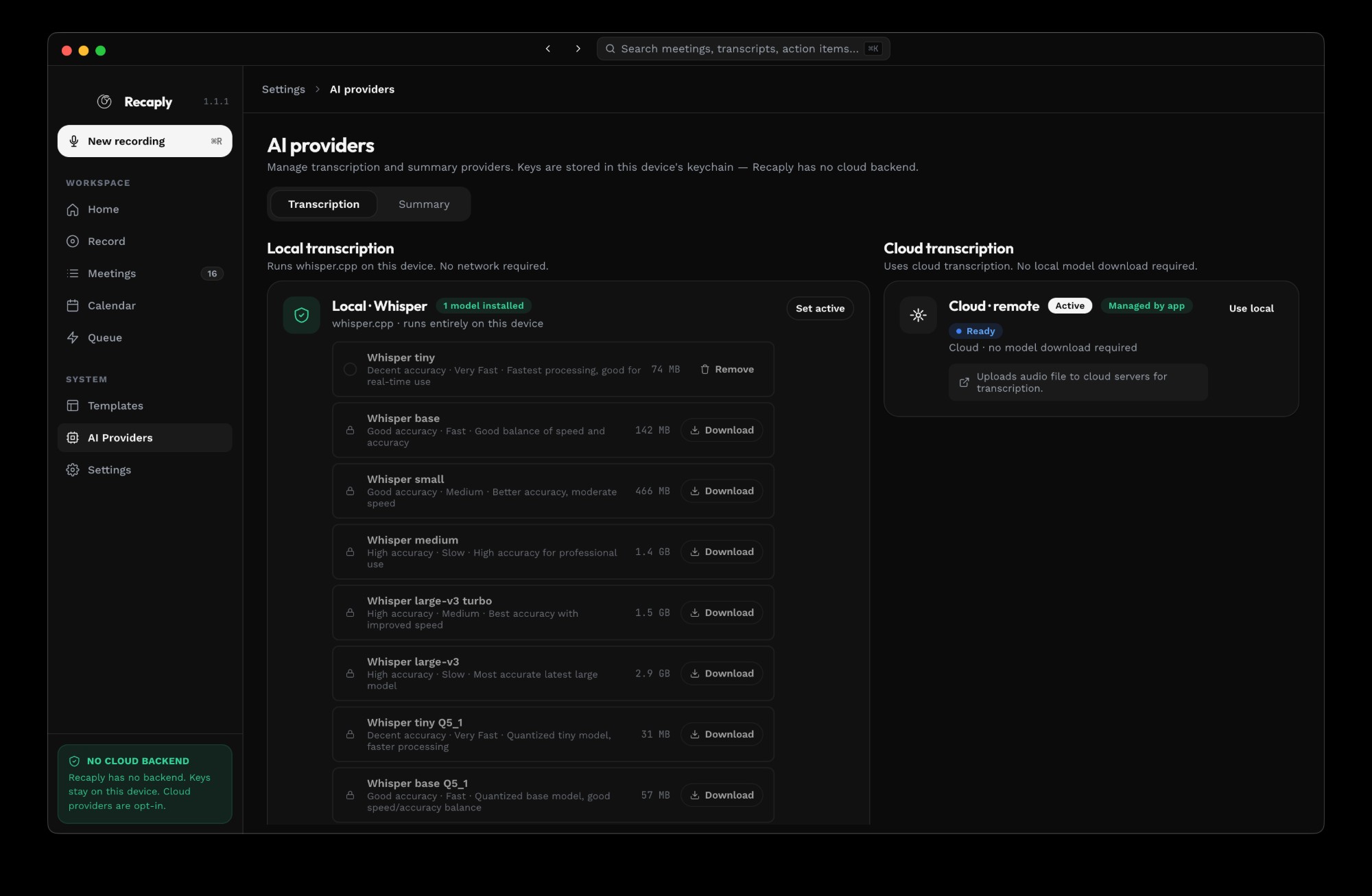 Recaply AI providers screen